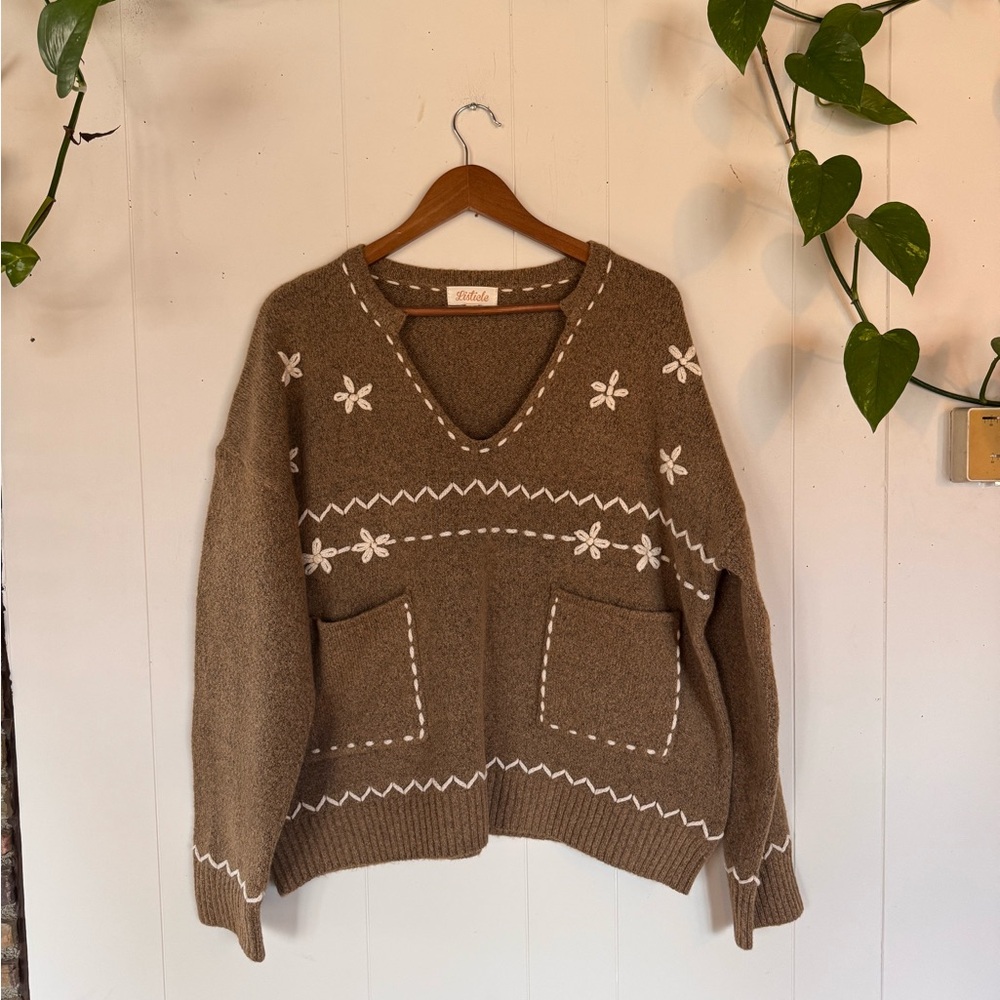 Olive Sweater with White Floral Accents
